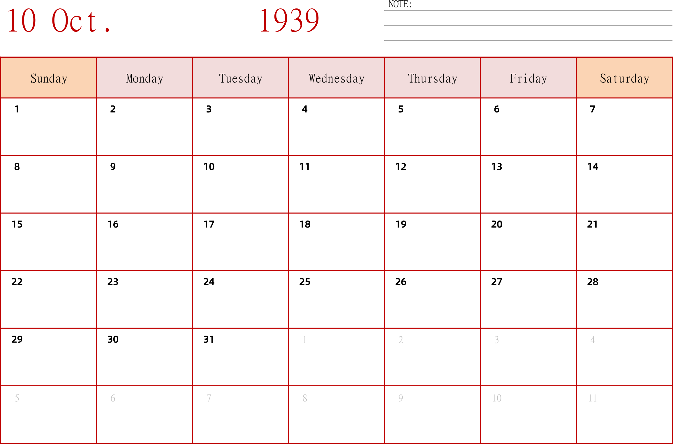 日历表1939年日历 英文版 横向排版 周日开始
